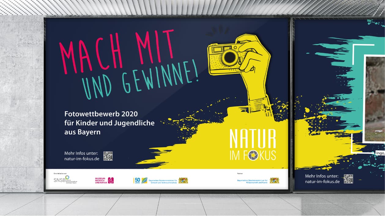 Jugendkommunikation für Nachhaltigkeit: Natur im Fokus Jugendkommunikation für Nachhaltigkeit: Fotowettbewerb “Natur im Fokus” für Kinder und Jugendliche aus Bayern. Großflächenplakat mit bunter, jugendlicher Schrift.